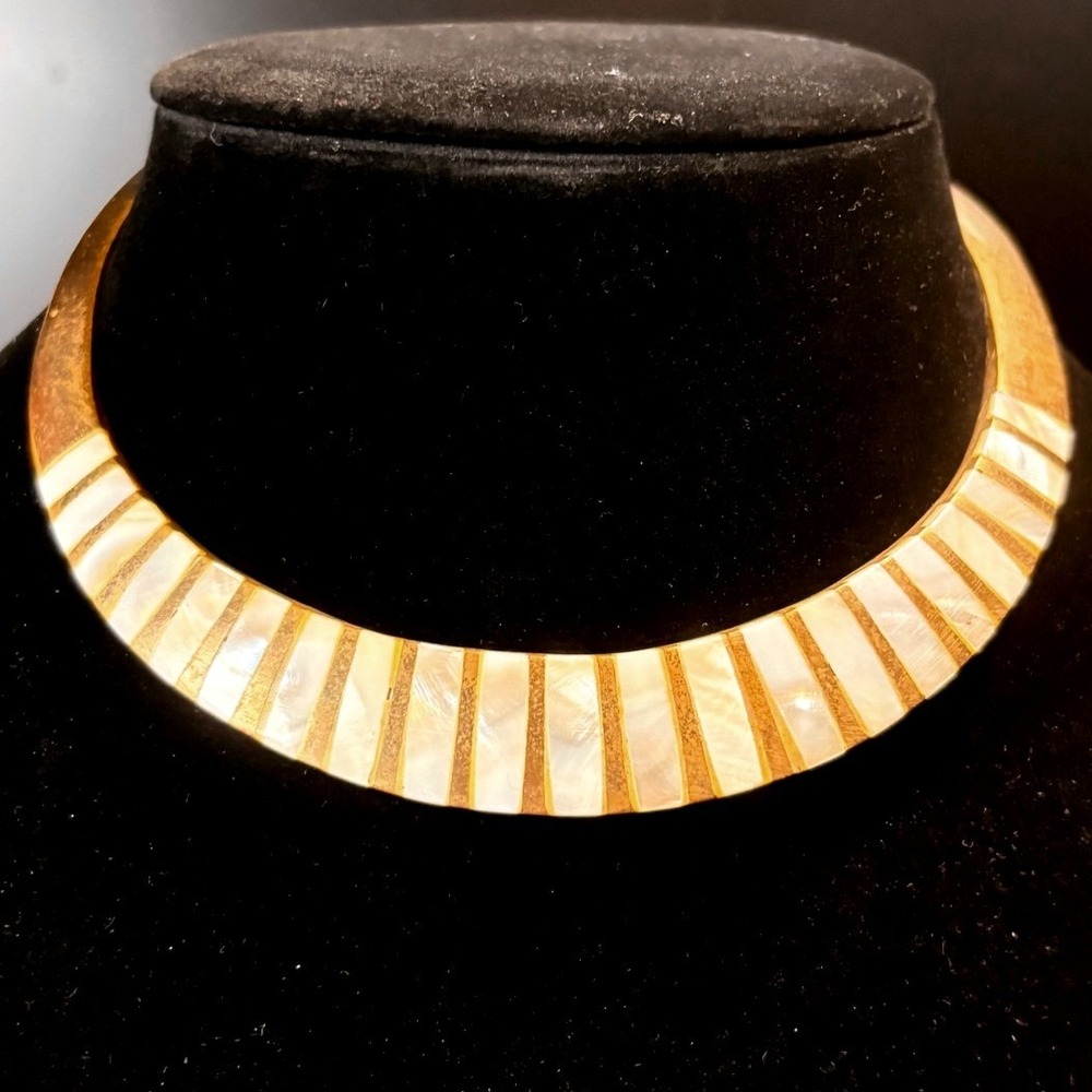 Mother of Pearl Inlay Torque Vintage Choker Necklace Women Gold Tone Boho Chic
